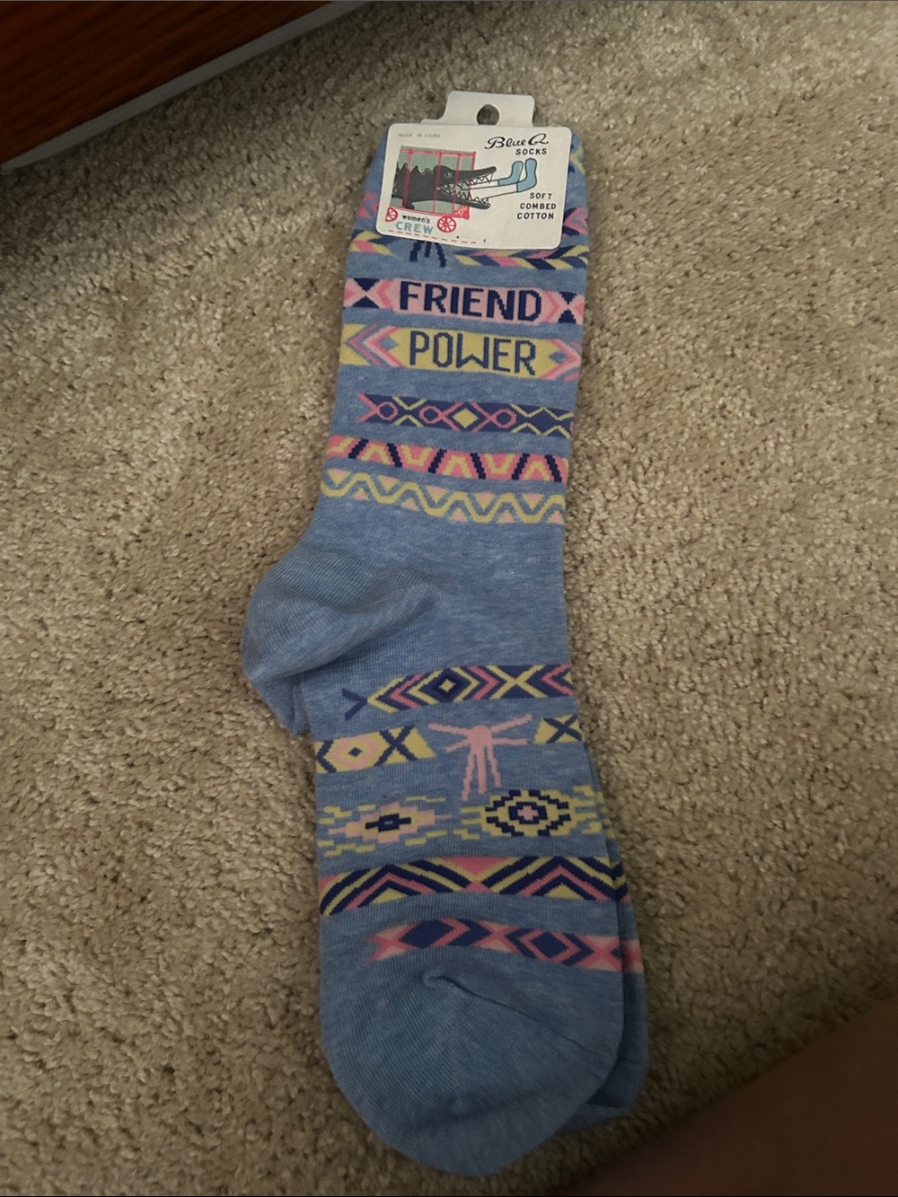 Blue Q 'Friend Power' Light Blue Patterned Crew Socks